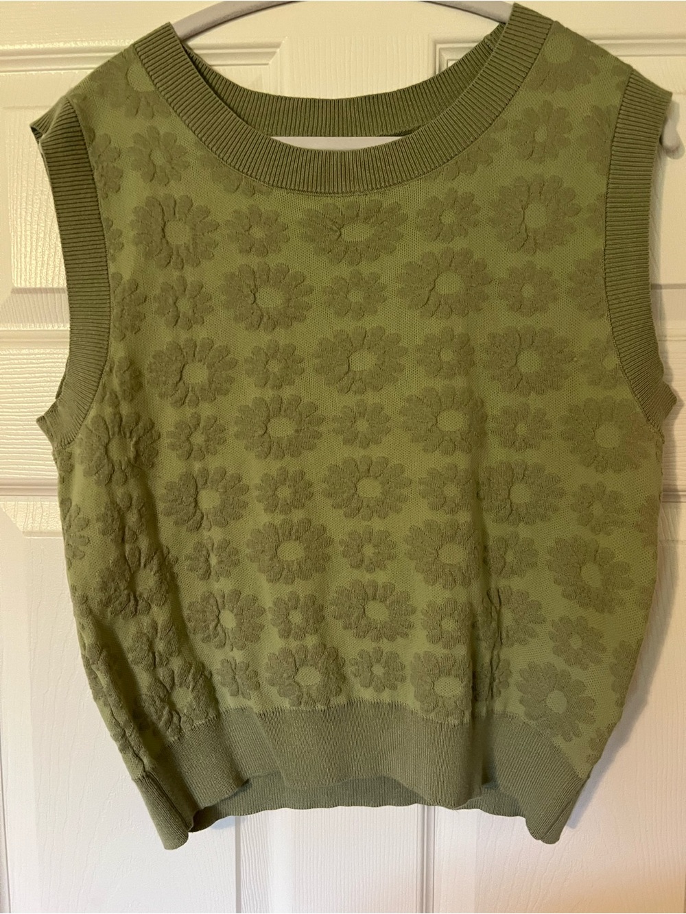 Hem & Thread Sleeveless Floral Texture Knit Top in Olive Green